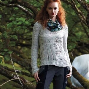 Anthropology Moth Beige Textured Knit Sweater Slanted Openwork Pullover sweater